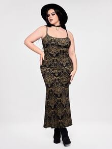 ROMWE Plus Size Women's Holiday Party Gothic Style Gold Pattern Velvet Spaghetti Strap Dress - Gold - View 1