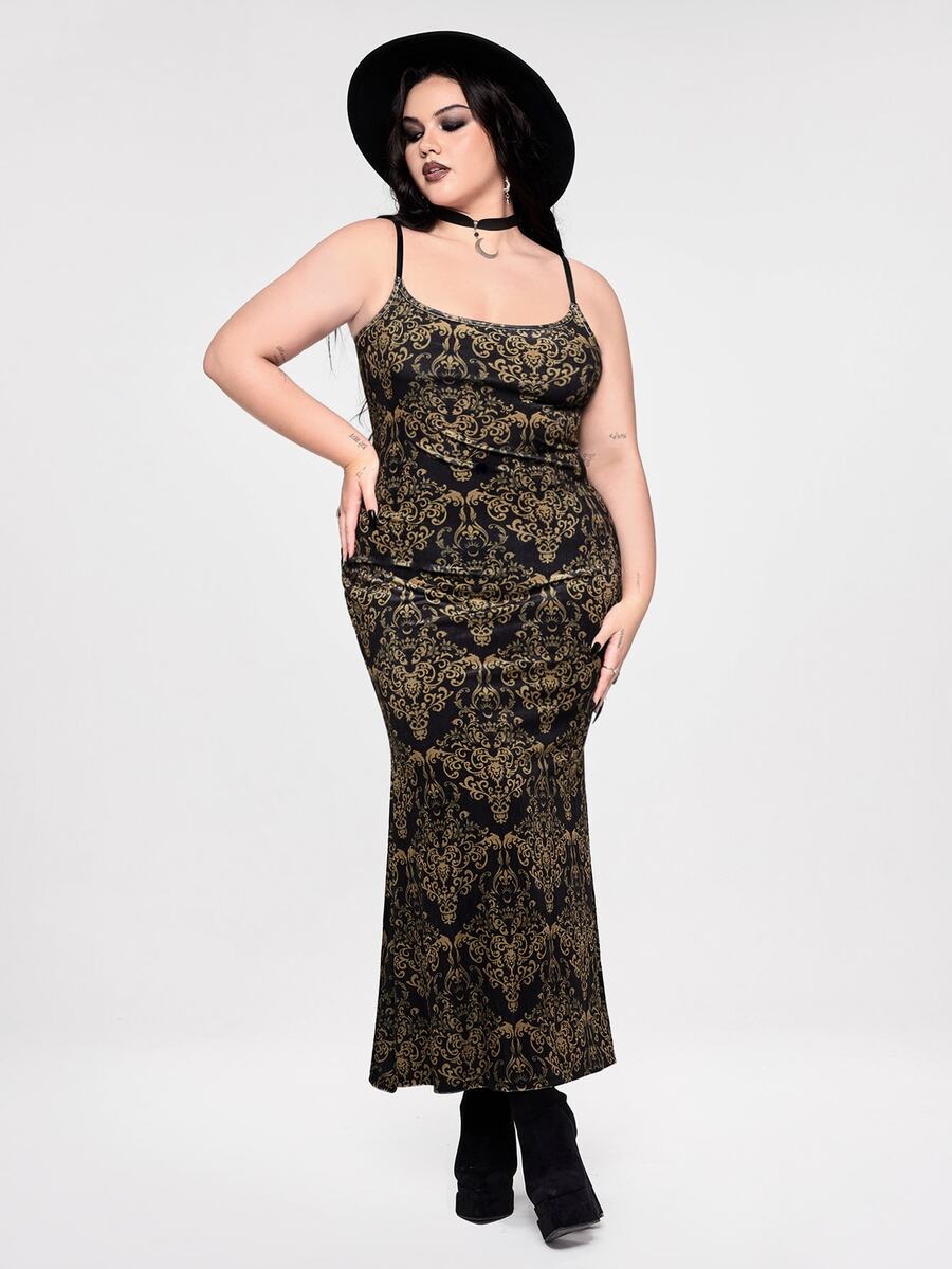 ROMWE Plus Size Women's Holiday Party Gothic Style Gold Pattern Velvet Spaghetti Strap Dress - Gold - View 1