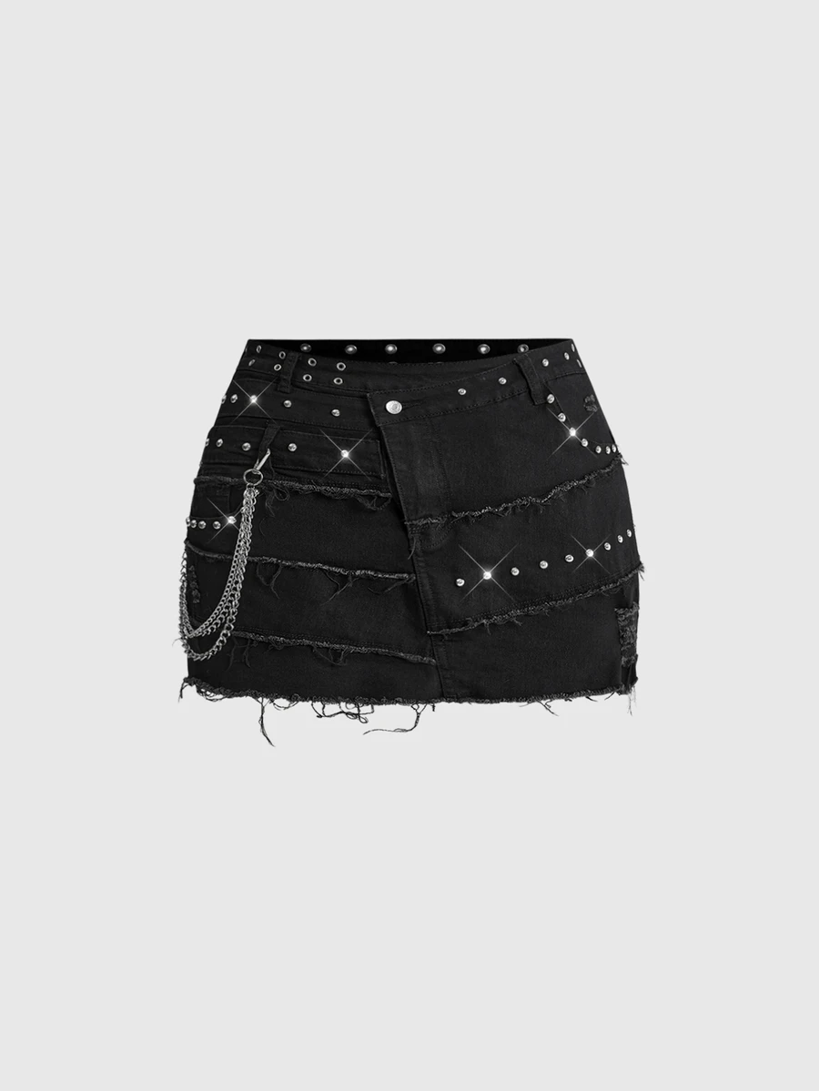 ROMWE Grunge Punk 女款 Y2K 復古亞文化風磨損下擺鉚釘珠飾裝飾破洞雙腰頭不對稱修身緊身大尺碼牛仔迷你裙 - 黑色 - 查看 1