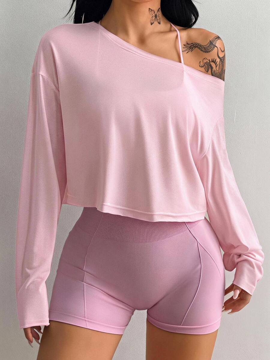 Coolane Women's Solid Color Asymmetrical Shoulder Drop Sleeve Long Sleeve Sports T-Shirt - Pink - View 1