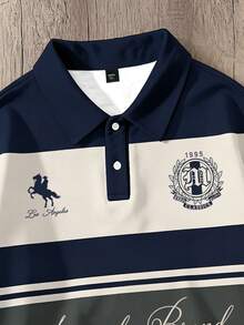 Manfinity Joysei 美式復古拼色條紋領鈕扣長袖 Polo 運動衫，適合追求美式街頭風且重視穿搭層次感的青少年與男士，復古條紋對比領設計，隨穿隨出休閒隨性的美式校園風 - 彩色 - 查看 3