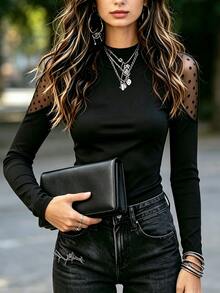 SHEIN ملابس علوية نسائية بطبقة أساسية برقبة شبه عالية وتصميم منقط من الشبك مع رقعات، تصميم خريف نيش بمواد متباينة، قصة ضيقة أنيقة بأكمام راجلان طويلة - الأسود - مشاهدة 6