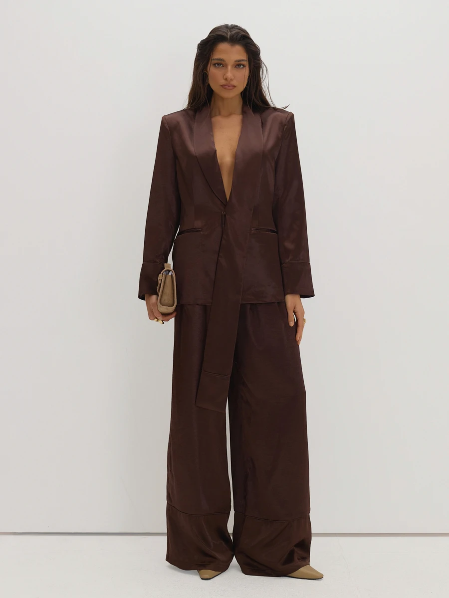 MUSEYN Brown Satin Pleated Wide Leg Piping Detail Trousers Classy Date Night Chic Evening Fall - Brown - View 1