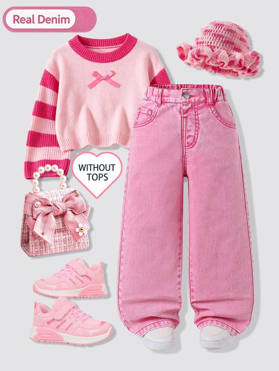 SHEIN Elladie kids 女童粉色寬腿牛仔褲,高腰休閒長褲,幼兒時尚褲裝 - 粉色 - 查看 1