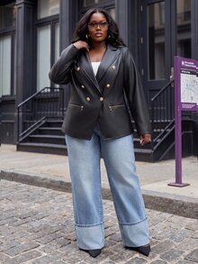Slaydiva Plus Size Faux Leather Biker Blazer, Gold Zipper Double Breasted Lapel Slim Jacket - Black - View 5