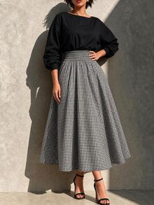 Linhara CURVE Round Neck Long Sleeve A-Line Skirt With Pockets Waist-Cinching Plaid Patchwork Long Dress - Black - View 4
