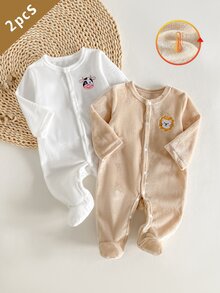 2件組秋冬保暖內裡單面絨毛新生兒連身衣，精緻可愛獅子與乳牛刺繡，柔軟舒適寬鬆長袖連腳連身衣，2件套居家穿著，冬季款 - 彩色 - 查看 8
