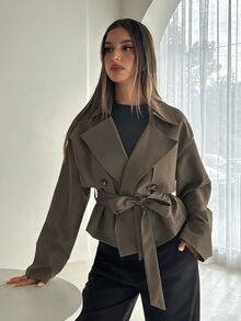 Aloruh Women's Solid Color Lapel Neck Double-Breasted Casual Trench Coat Jacket - Mocha Brown - View 6