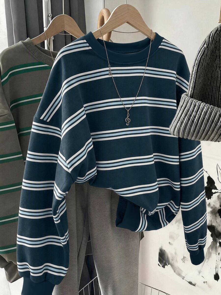 SHEIN LUNE 女款條紋圓領落肩長袖休閒寬鬆衛衣 - 白色 - 查看 1