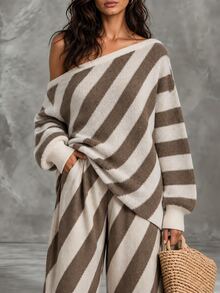 LUMIGAL Women's Striped Asymmetrical Shoulder Long Sleeve Loose Sweater - Multicolor - View 3