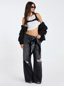 MUSERA Jeans Abu-abu Denim Longgar dengan Efek Sobek, Pakaian Kasual Wanita untuk Musim Gugur dan Musim Dingin - Hitam - View 5
