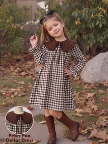 Tween Girl) Cute Autumn Long Sleeve Brown Plaid Versatile Dress - Brown - View 5