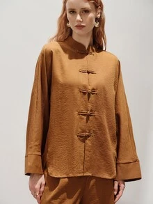 Aveloria Modichic Women's Set Loose Wide Leg Satin Textured Chinese Stand Collar Frog Button Elegant Brown Solid Elegant Women's Set National Day - Coffee Brown - View 5