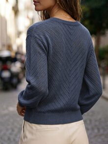 SHEIN 女款純色休閒百搭日常穿著長袖針織衫 - 藍色 - 查看 4