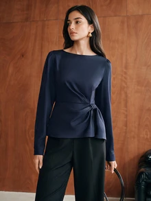Anewsta Atasan Wanita Lengan Panjang Elegan Serbaguna dengan Desain Kerah Perahu Warna Polos Terbaru untuk Awal Musim Gugur, Belahan Pinggang, dan Detail Kerutan - Navy Blue - View 4