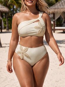SHEIN Swim Women's Plus-Size Sexy Apricot Knitted Bikini Set – High-Stretch, Minimalist Resort Style With One-Shoulder Design (Featuring Pearl And 3D Floral Embe - Beige - View 5