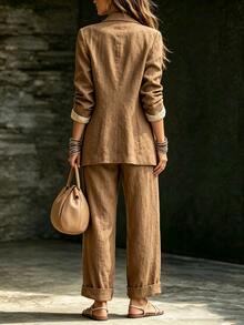 LUMIGAL Women's Autumn New Casual Commute Basic Blazer And Pants Set - Brown - View 2