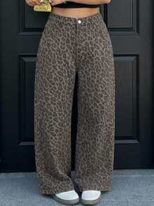 Livesso Dazy Plus Leopard Print Loose Street Style Long Plus Size Women's Jeans All Season - Khaki - View 4