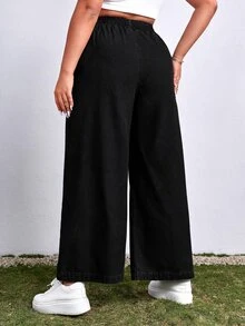 SHEIN EZwear 大尺碼女款純色抽繩腰休閒日常牛仔褲 - 黑色 - 查看 2