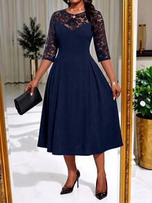 SHEIN Lady CURVE Plus Size Women Lace Patchwork Pleated Casual Party Dress - Navy Blue - View 5