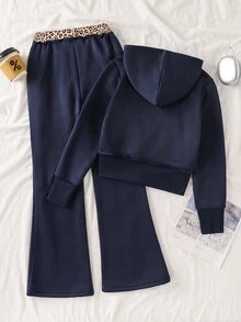 SHEIN Tween Girl Dark Grey Zip-Up Hooded Sweatshirt And Sweatpants Casual Set Kids - Navy Blue - View 2