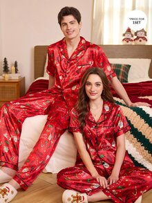 CoupledUp Christmas Print Lapel Cardigan Men's Pajama Set, Holiday Home Comfortable Long Pants 2 Pieces Set - Multicolor - View 1