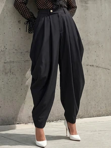 Editum Women's Solid Color Curved Leg Tapered Casual Long Pants - Apricot - View 6
