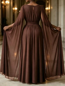 Velvienne Plus Size Women's Elegant Formal Cocktail Cape Sleeve Maxi Dress,Pleated Round Neck Evening Gown For Wedding Dinner Guest Brown Summer - Brown - View 2