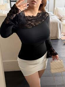 Vibekara Plus Size Asymmetrical Neckline Lace Patchwork Women's Top - Black - View 4