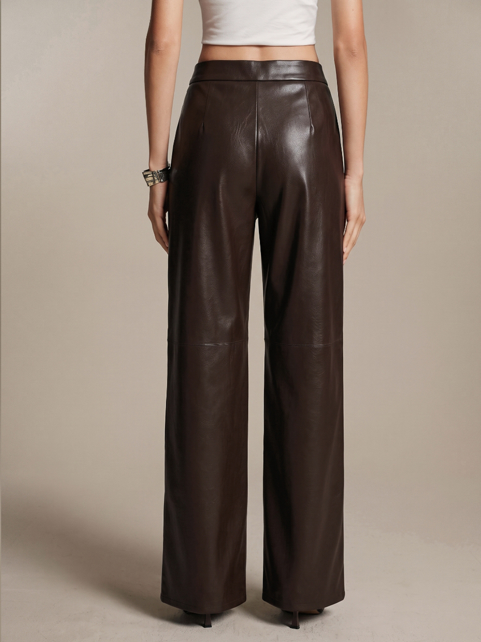 Anewsta Essential Autumn Coffee Color Long Pants, Maillard Fashion Modern Commute Casual Split Time PU Women's Long Pants