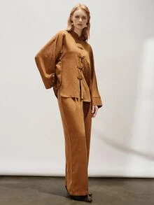 Aveloria Modichic Women's Set Loose Wide Leg Satin Textured Chinese Stand Collar Frog Button Elegant Brown Solid Elegant Women's Set National Day - Coffee Brown - View 4