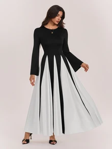 SHEIN Tall Elegant, Oversized, Long, And Wide Black-And-White Color-Block Dress For Tall Muslim Women. - Black - View 4