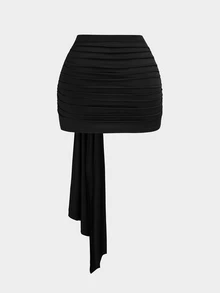 Sweetra Plus Size Bodycon Skirt With Metal Buckle Decoration - Black - View 2