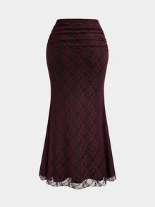 Sweetra Plus Size Women's Lace Patchwork Fashion Versatile Mermaid Skirt - Burgundy - View 2