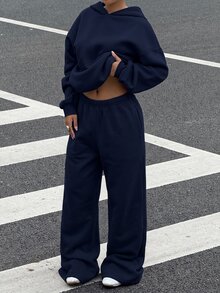 Muchica 女款 2 件組休閒極簡連帽衫套裝，純色運動衫套裝，適合約會、度假、派對、日常穿著、聚會、戶外活動 - 藏蓝色 - 查看 5