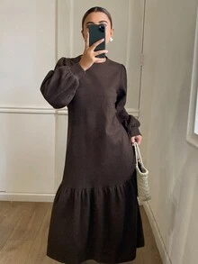 DAZY Autumn/Winter Round Neck Deep Coffee Color Petal Sleeve Loose A-Line Skirt Simple Elegant Commute Daily Women's Mid-Length Dress - Coffee Brown - View 4