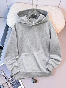 SHEIN 青少年男孩休閒寬鬆舒適百搭純色運動衫，秋冬女款衣物 - 灰色 - 查看 3