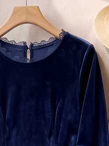Rusticease Women's Elegant 1920 Vintage 1960s Round Neck Long Sleeve Lace Patchwork Design Dress Party Fancy Senior Navy Blue Fall - Navy Blue - View 6