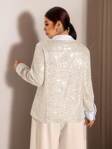 Cravure Plus Size Women's Autumn/Winter Fashion Elegant Party Shiny Sequin Long Sleeve Patchwork Striped Shirt Collar Blouse Fall - Silver - View 3
