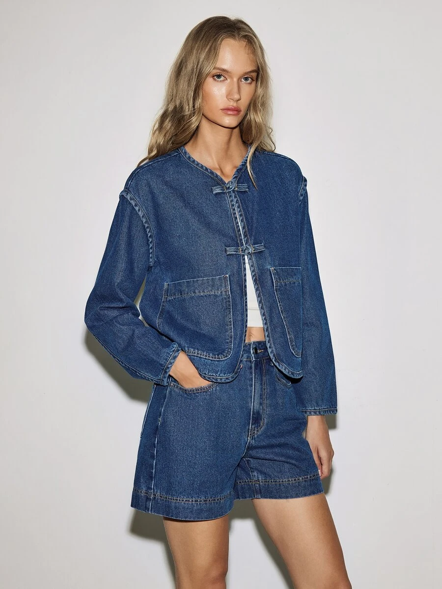 ATUI Studio Women's Blue Denim Frog Button Jacket & Shorts Set - New Chinese Style, Y2K, Fall, Street Style, Vacation - Blue - View 1