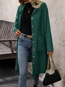 EMERY ROSE Plus Size Country Outfits Women Corduroy Double Pocket Button Placket Midi Coatan,Fall Women Clothes - Dark Green - View 8