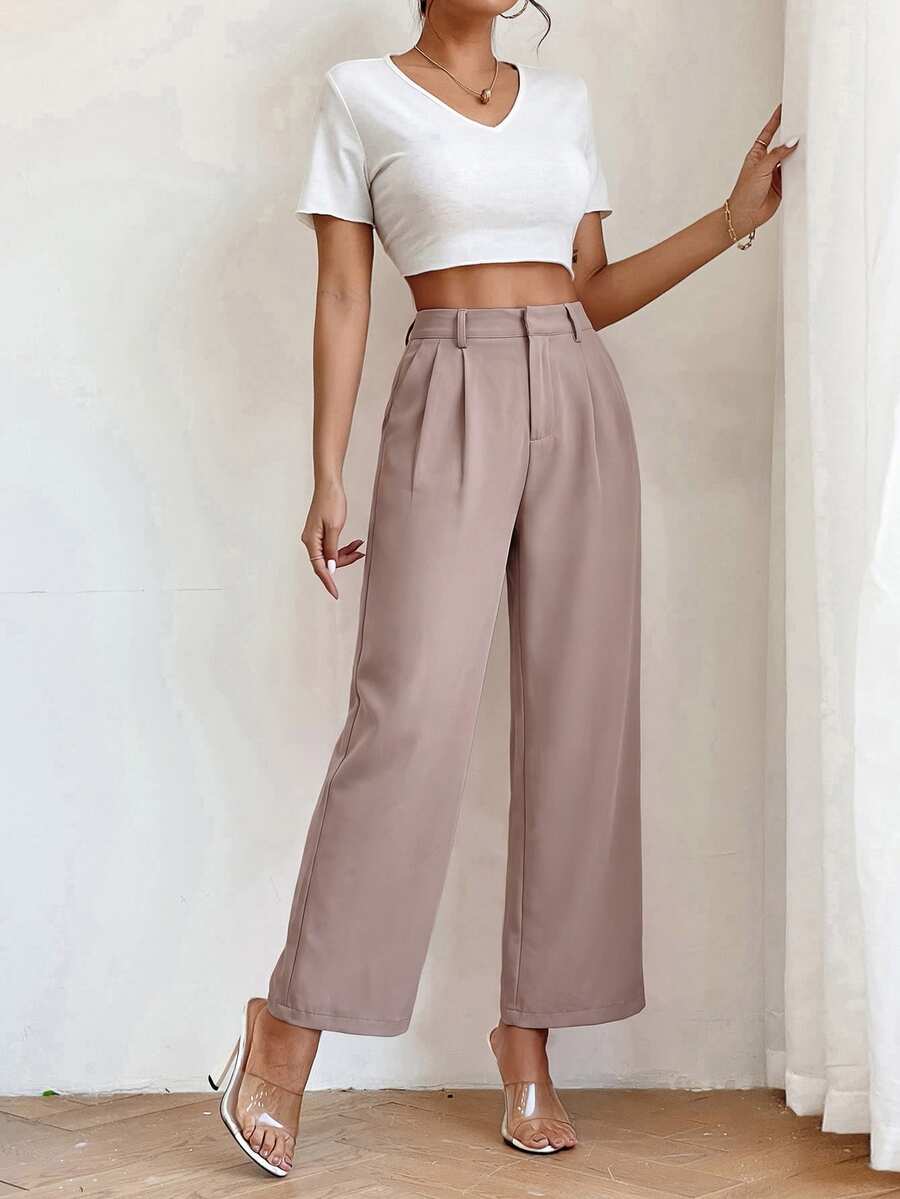 SHEIN PETITE High Waist Plicated Detail Straight Leg Black Pants - Khaki - View 1
