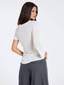 MUSERA Atasan Putih Berkerut dengan Detail Lengan Satu dan Lipatan, Pakaian Kasual Wanita untuk Musim Gugur dan Musim Dingin - Putih - View 3