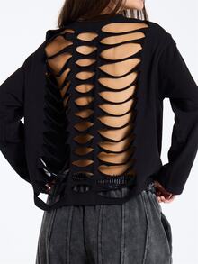 MUSERA Black Cut Out Shredded Back Detail Long Sleeve Top Fall Winter Women Outfit Casual - Black - View 5