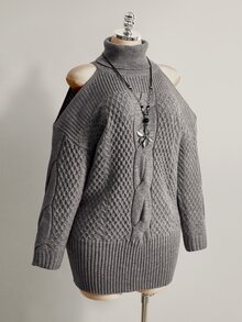 SHEIN ICON Plus Size Women's Cold Shoulder High Neck Long Sleeve Knit Dress - Grey - View 4