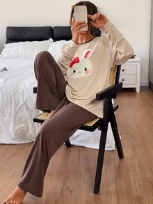 DAZY Cute Rabbit Pattern Loose Long Sleeve T-Shirt & Straight Leg Long Pajama Pants 2pcs Set Women's Loungewear - Brown - View 7