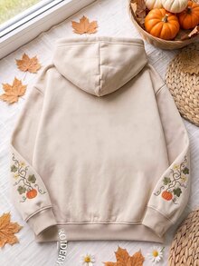 SHEIN EZwear 女款字母南瓜刺繡圖案休閒日常長袖連帽衛衣，簡約印花圖案，杏色，寬鬆版型，加厚 - 杏色 - 查看 2