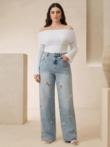 Anewsta Women's Washed Blue Embroidered Puppy Pattern Straight Leg Jeans - Blue - View 6