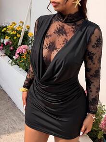 GalTyme Plus Size Women's Lace Patchwork Sexy Date Party Dress - Black - View 1