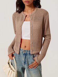 SHEIN BASICS 女款優雅鏤空鈕扣針織薄款開襟衫 - 卡其色 - 查看 8